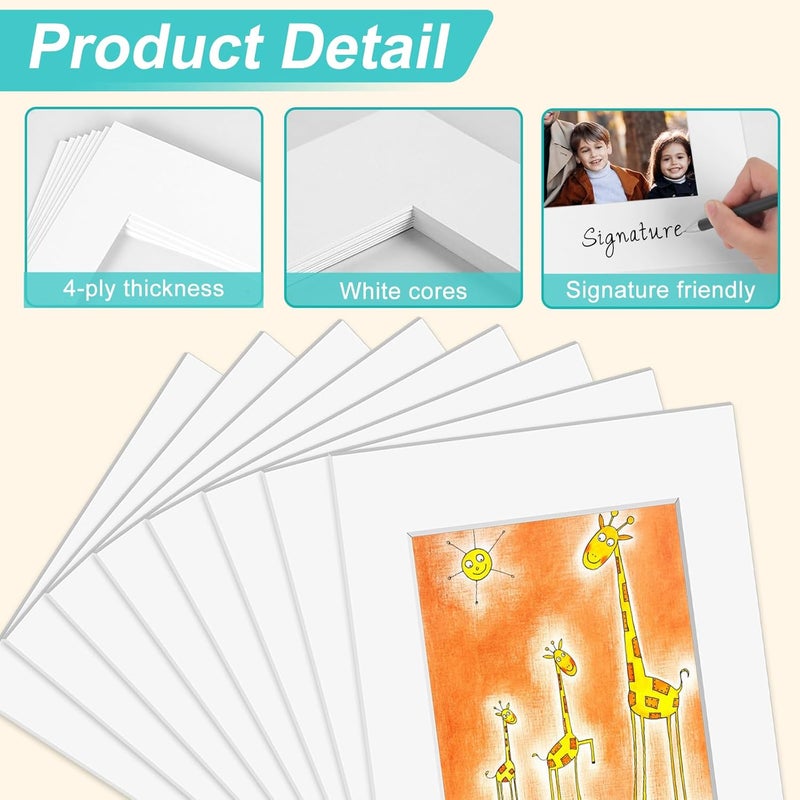 Phinus Store 8 Pack Picture Mats for Frames, Acid Free 11x14 Matted to 8x10, Picture Frame Mats for Pictures, Watercolor, Artwork and Prints (White) - Image 3